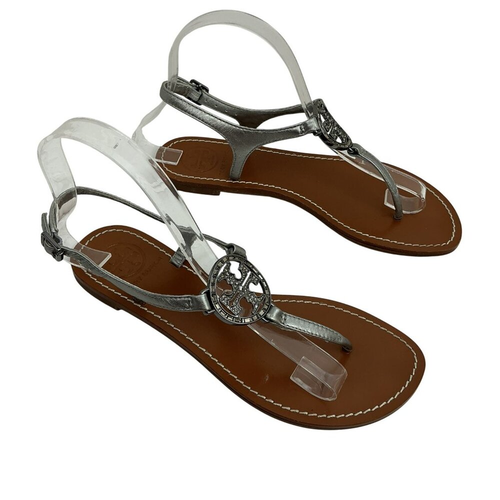 Tory Burch Crystal Metallic Logo Leather Slingback T-Strap Sandals Silver Tan - Picture 6 of 8